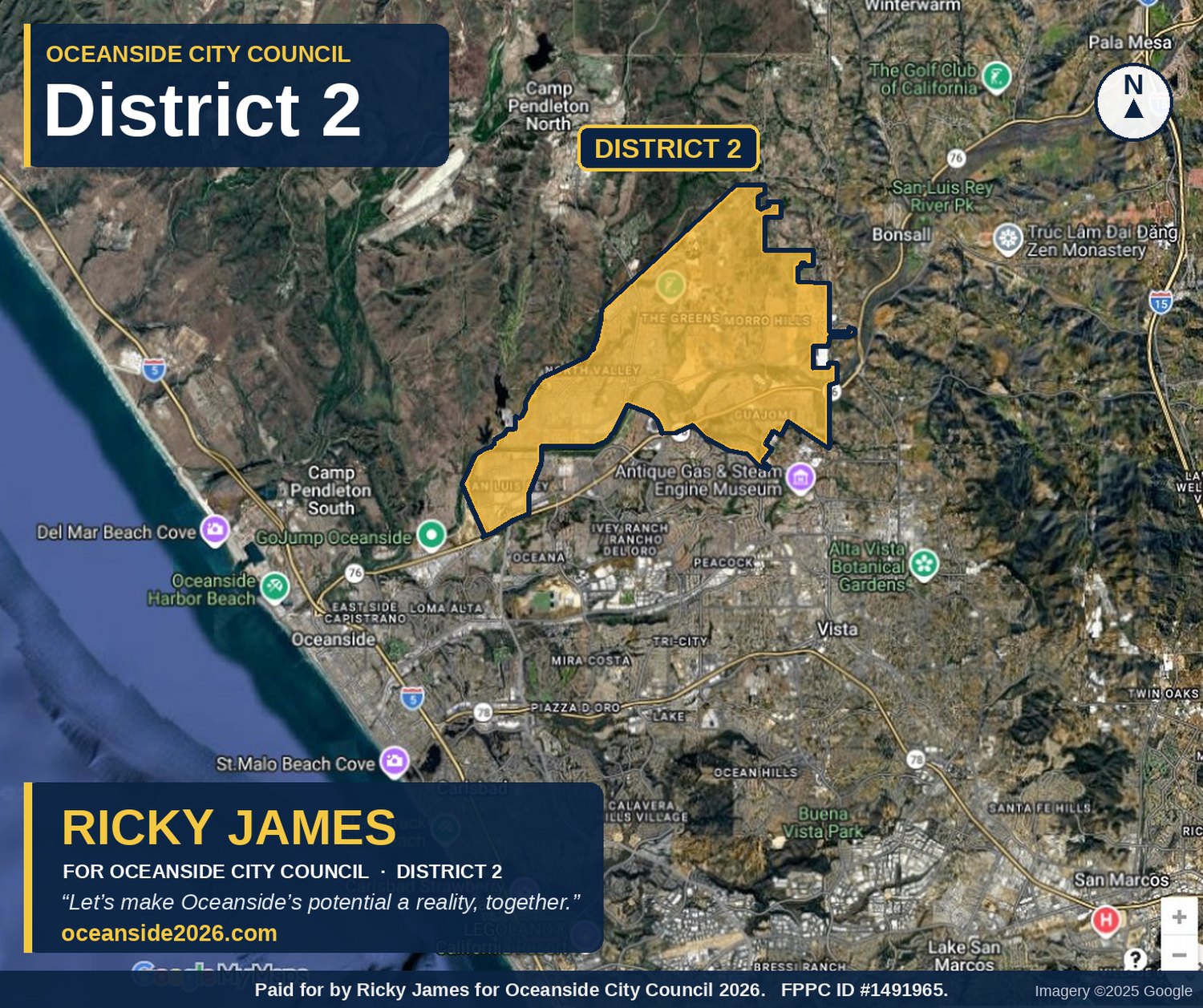 Map of Oceanside City Council District 2 highlighted in gold over an aerial view of north Oceanside